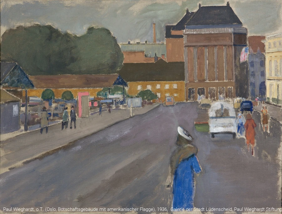 Paul Wieghardt, o.T. (Oslo, Botschaftsgebäude mit amerikanischer Flagge), 1936,  Galerie der Stadt Lüdenscheid, Paul Wieghardt Stiftung © Evanston Art Center, successor to the Estate of P. Wieghardt/VG Bild-Kunst, Bonn 2019